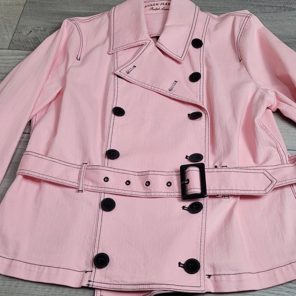 🌸NWT Lauren Jeans Co. Jacket Womens XL Peony Pink Denim Double Breasted Belted - Picture 4 of 16